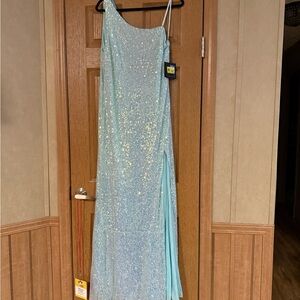 Mac Duggal Blue and Silver Sequin Gown Sleeveless Spaghetti Strap